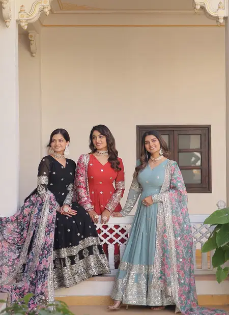 KA 1078 Faux Georgette With Embroidery Zari Sequins Work Gown With Dupatta Wholesale In India  